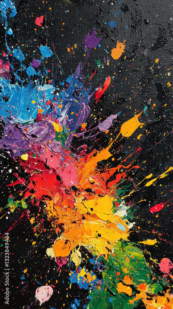 Poster explosive colors: a vibrant explosion of paint, showcasing a brilliant array of hues set against a d