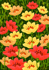 Floral pattern with bright color flowers and leaves hand drawn vector illustration. Nature, plants design for textile, fashion, wallpaper, art and background.