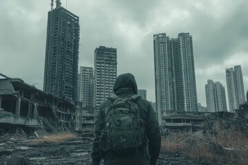 Exploring abandoned urban landscape with skyscrapers and overgrown vegetation in a desolate atmosphere