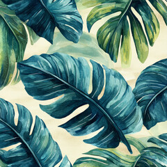 A vibrant watercolor painting of overlapping tropical leaves, including monstera and banana leaves, in shades of green.