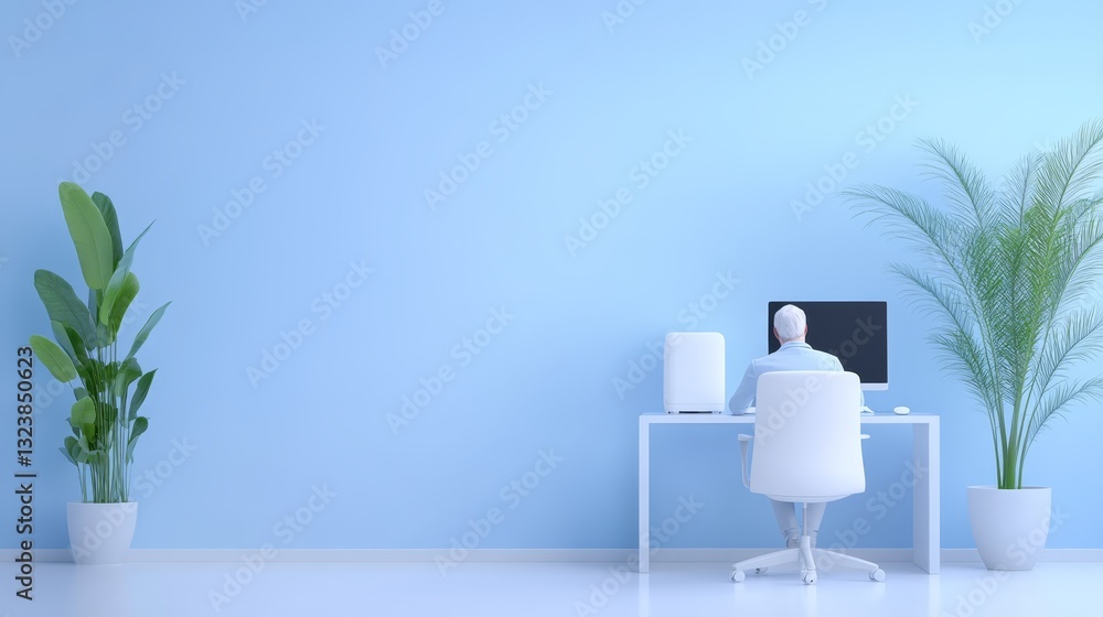 Poster streamlined workspace computer desk and plant creating productive modern office environment