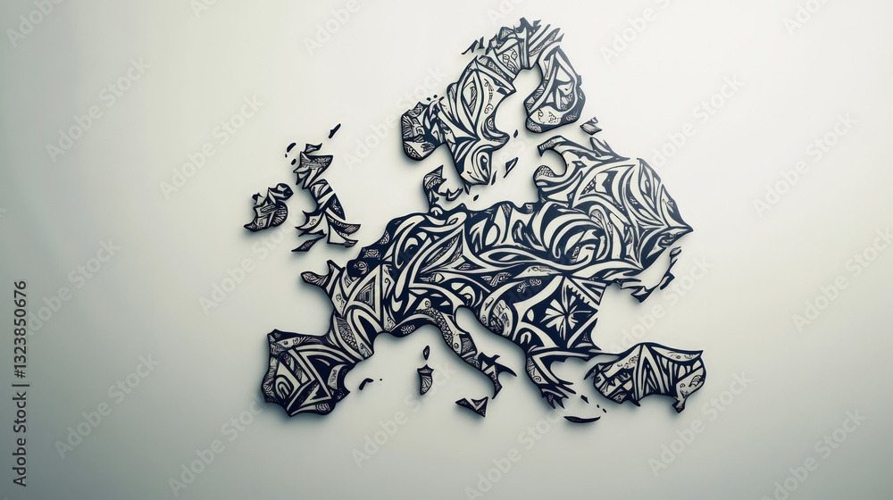 Poster artistic representation of a continent map rendered with digital circuit patterns against a light ba