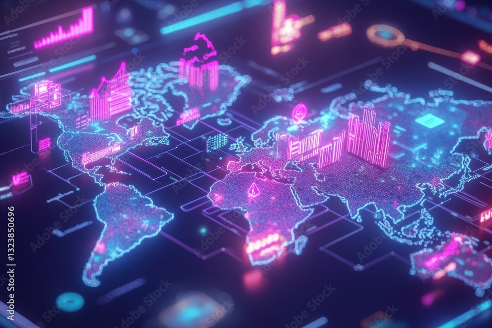 Poster global network: a futuristic digital world map glows with neon lights, displaying interconnected dat