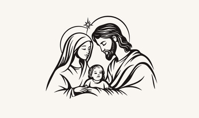 Holy family nativity with jesus, mary, and joseph – linear icons set, vector. © Влада Яковенко