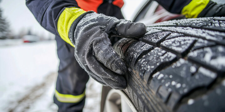 A technician inspects a winter tire in snowy conditions, highlighting the importance of seasonal maintenance for vehicle safety and performance during harsh weather.