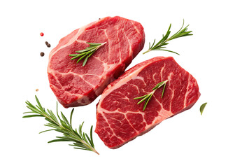 Two raw steaks with rosemary and peppercorns.