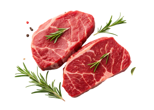 Two raw steaks with rosemary and peppercorns.