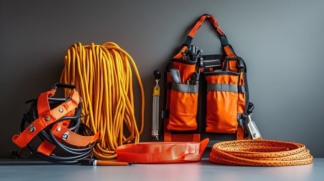 Safety harness and equipment showcased, emphasizing workplace safety and professional preparedness.
