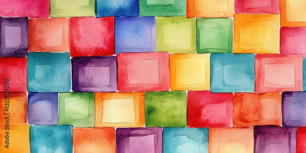 Poster vibrant watercolor blocks: an abstract pattern of colorful square blocks, created using watercolor t