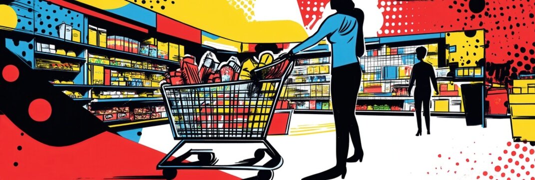 Grocery shopping in a comic book style with dynamic illustrations and bold colors showcasing virtual cart selection and delivery