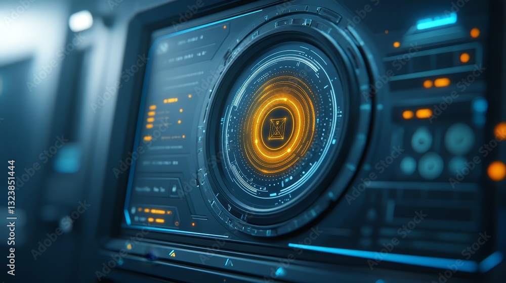 Poster futuristic interface with glowing circular display on sleek panel