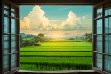 View from the window on a beautiful landscape nature scenery with rice fields and space for your text