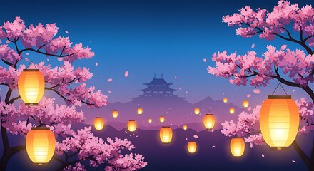 Cherry Blossoms and Lanterns with Japanese Castle Scenery at Night