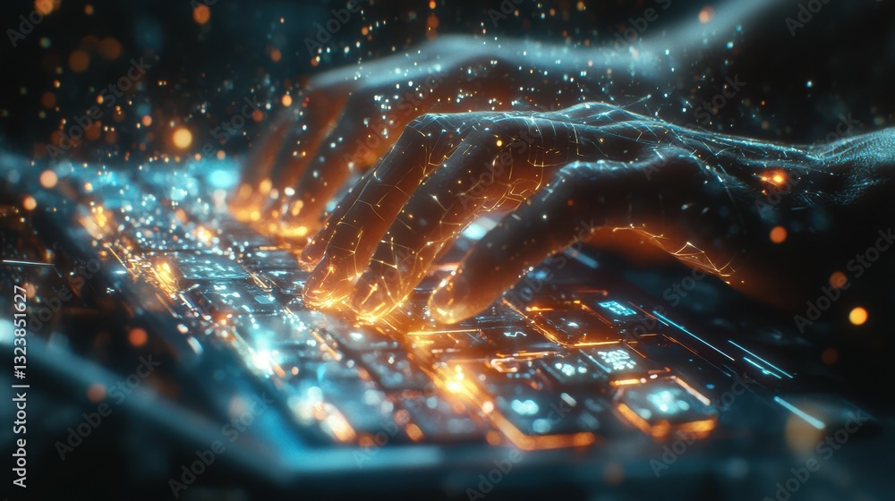 Poster digital interaction hands typing on keyboard virtual space technology cyber environment close-up inn