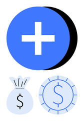 Fototapeta premium Blue plus sign with shadow above coin and money bag. Ideal for finance, budget planning, savings, investment, growth, profit, accounting concepts. Clean flat simple metaphor