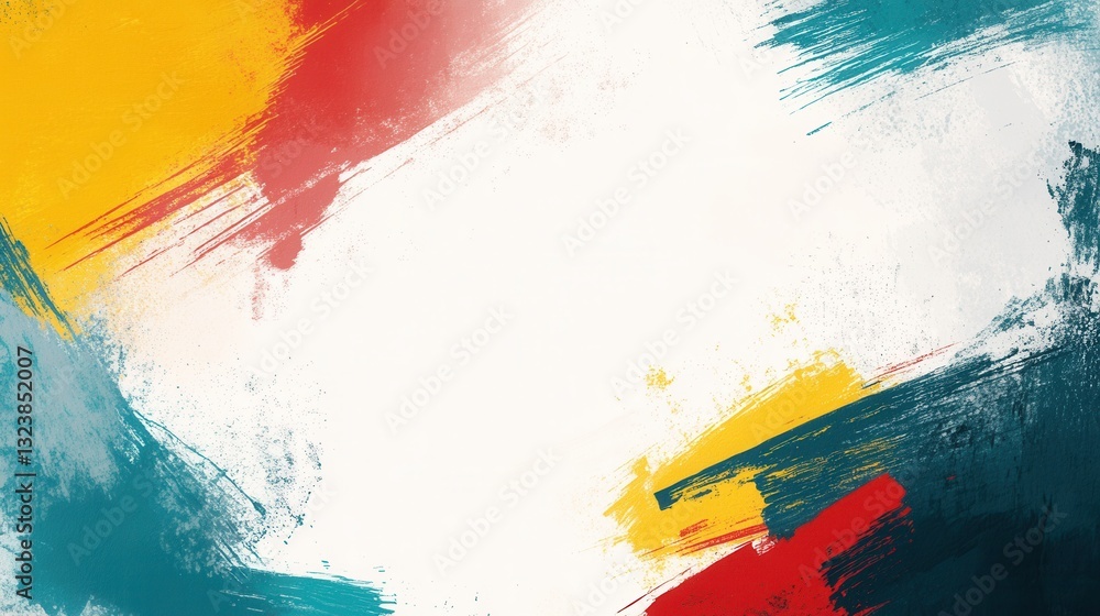 Poster bold abstract background features striking teal, yellow, and red paint strokes with a dynamic layout