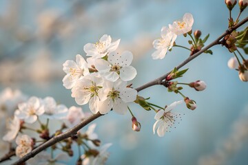 Obraz premium Elegant White Cherry Blossoms Against a Soft Blue Sky