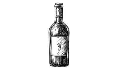 Simple wine bottle drawing with detailed label, monochrome outline, icon set, linear vector.