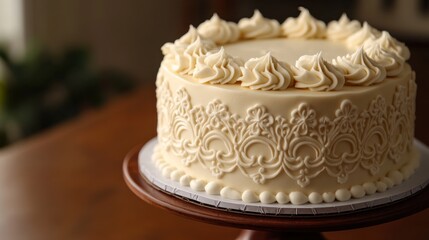 Fototapeta premium A beautifully decorated cake with intricate icing patterns, freshly finished --ar 16:9 --v 6.1 Job ID: d4bc5fd7-5b3c-45e5-a8a4-82738b699bd0