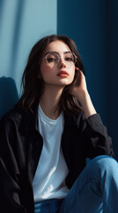 Naklejka premium Modern Sophistication: A stylish young woman, adorned with glasses, in a contemporary setting, with a gaze that exudes confidence and contemplation