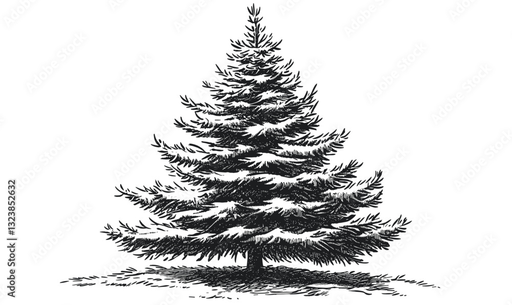 Poster pine tree with snow detailed linear drawing - icons set vector.