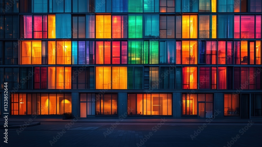 Poster a colorful building with vibrant windows, creating a visually stunning and modern facade. the window