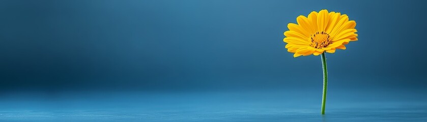 Single vibrant yellow flower blossom on serene blue backdrop