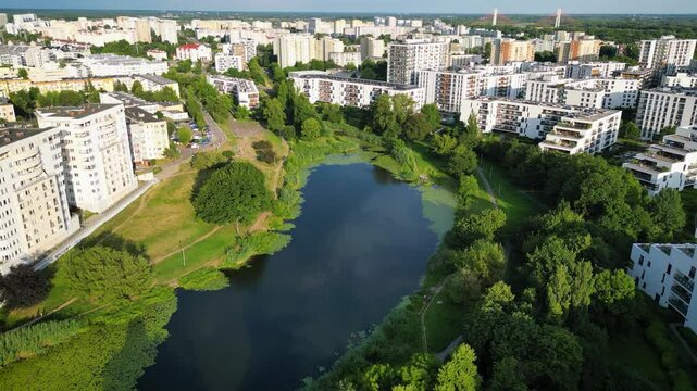 Aerial view of residential buildings over Goclawskie Lake in Goclaw area, subdistrict of Praga-Poludnie, Warsaw city, Poland