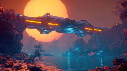 An illuminated futuristic spaceship hovers above a tranquil waterscape