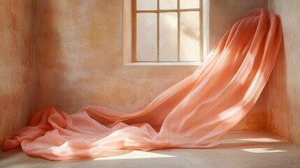 A delicate expanse of light coral silk fabric, flowing gracefully on a neutral canvas, bathed in the soft, diffused light of a natural sunbeam, evoking a sense of ethereal elegance.