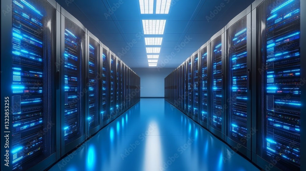 Poster long row of servers humming in modern data center powering the connected world