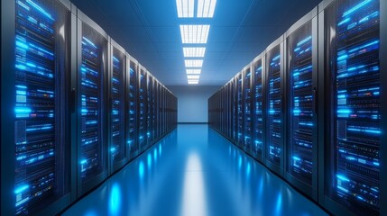 Long row of servers humming in modern data center powering the connected world