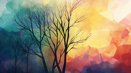 Abstract Tree and Vibrant Hues: An artistic representation of bare trees silhouetted against a captivating backdrop of multicolored abstract shapes, inviting interpretation and contemplation.