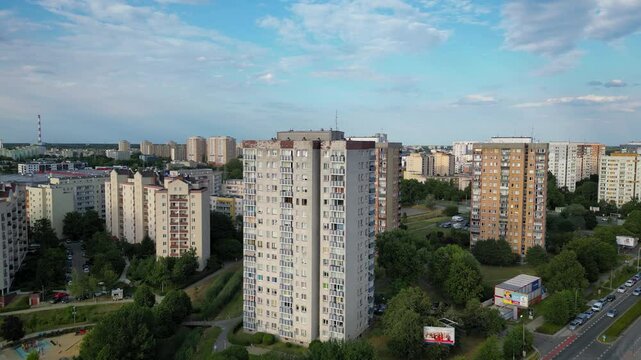 Drone aerial video of buildiings on Abrahama Street Goclaw area of Warsaw city, capital of Poland