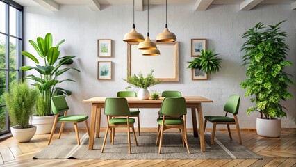 Fototapeta premium Stylish Dining Area Frame Mockup with White Walls, Wooden Chairs, and Green Potted Plant for Modern Interior Design Inspiration
