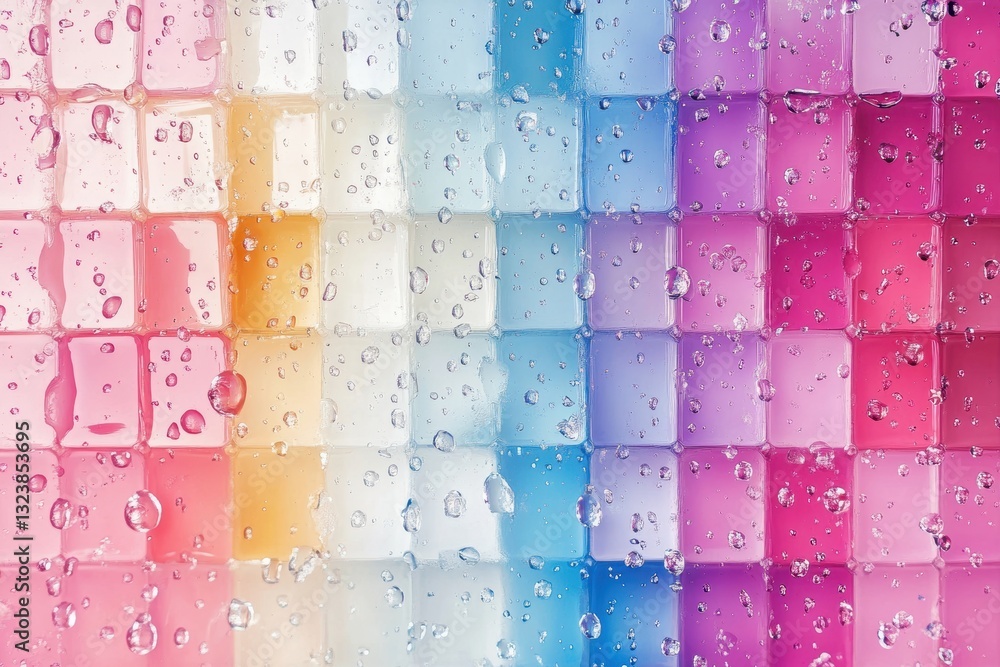 Poster colorful squares with water droplets: a vibrant display of colorful squares, each in a slightly diff