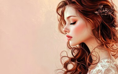 Fototapeta premium Portrait of a dreamy woman with chestnut hair, on a soft pink-beige gradient background