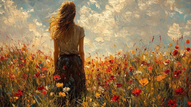 Woman standing in a poppy field, back view, windblown hair, summer.