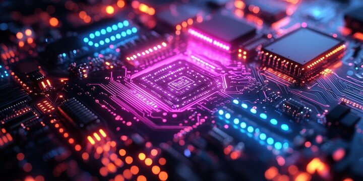 High Speed Data Transfer Circuit Board Design with Neon Accents in Cyberpunk Style