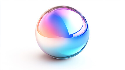 A 3D glossy gradient sphere with a highly reflective and glass-like holographic gradient surface, blending vibrant blue, pink, and purple hues. Isolated on a white background.