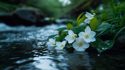 Serene White Blossoms by the Creek: A Tranquil Nature Scene