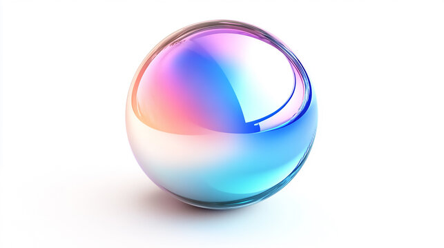 A 3D glossy gradient sphere with a highly reflective and glass-like holographic gradient surface, blending vibrant blue, pink, and purple hues. Isolated on a white background.