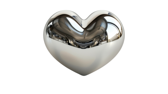 Chrome heart reflecting modern interior on transparent background