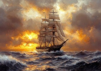 Fototapeta premium Sailing Ship in Stormy Ocean Waves Majestic Frigate Art