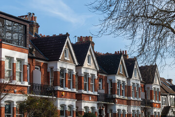 Old brick houses in Barnes, South West London, Barnes village, London, England. Distinctive English architecture.