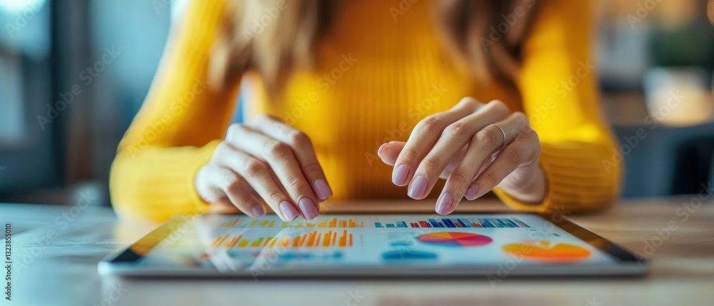 Poster tracking daily productivity employee utilizing apps on tablet in modern workspace