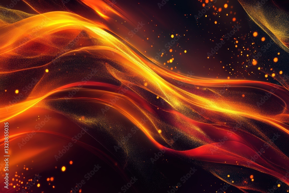 Poster fiery fusion: abstract depiction of fiery energy, with flowing streaks of red and gold creating a ca