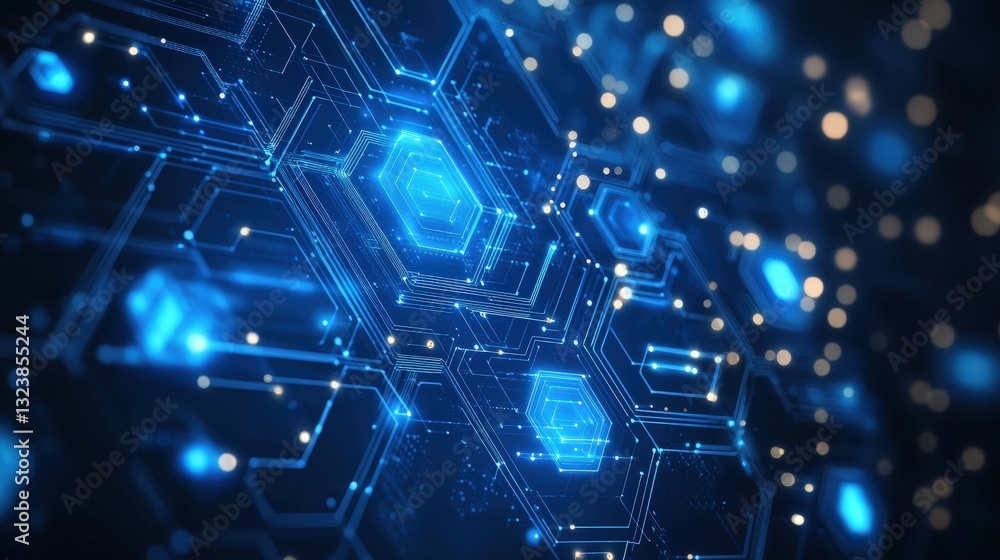 Poster a futuristic digital background with a blue hexagonal pattern, showcasing the interconnectedness of 