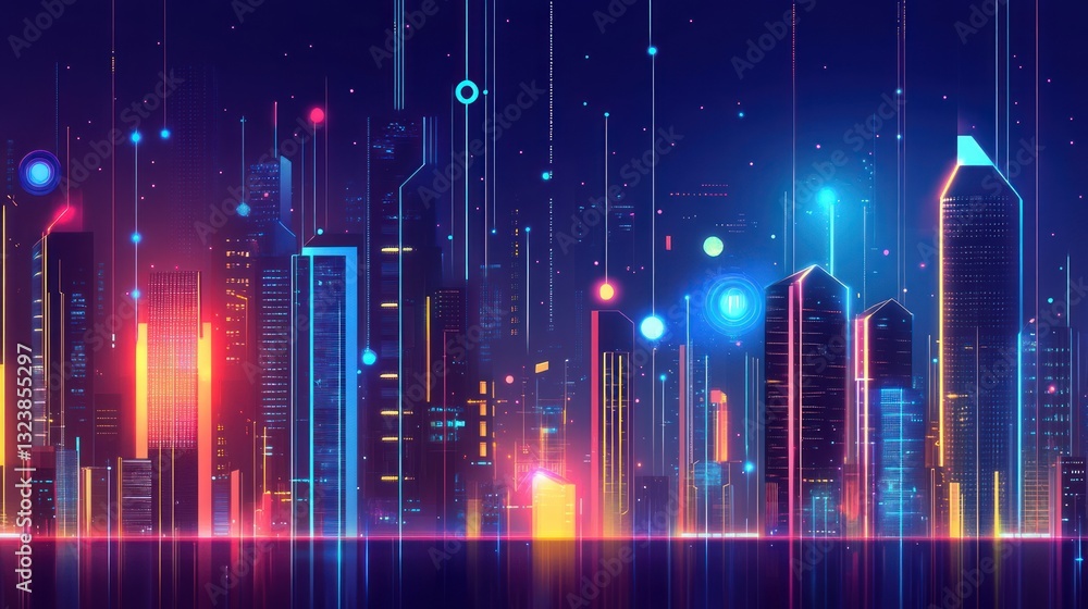 Poster a futuristic cityscape illuminated with vibrant digital networking lines