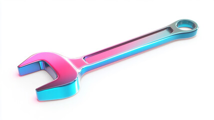 Obraz premium A 3D glossy gradient wrench icon, sleek and reflective, with smooth glass-like surfaces and holographic blue-to-pink hues. Isolated on a white background.